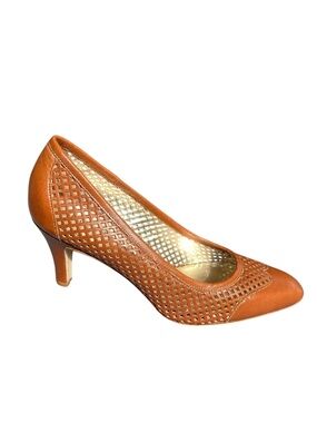 RON WHITE All Day Heels Almond Toe Laser-Cut Pumps in Cognac Brown